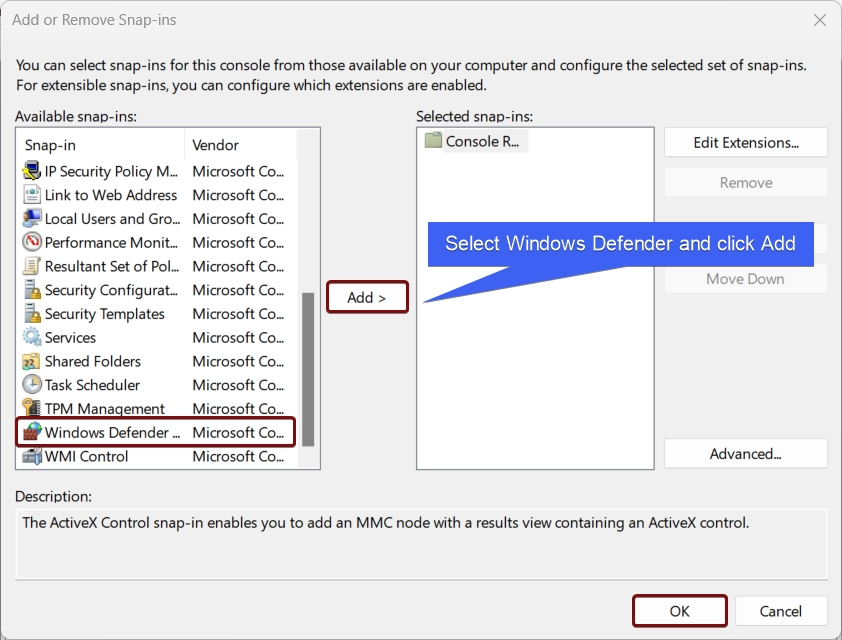 Add Windows Defender to the Snap-ins