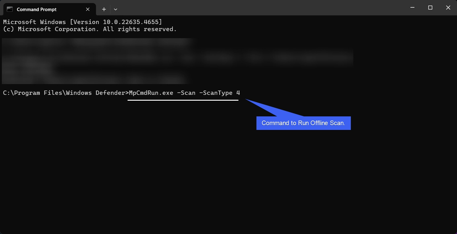 CMD Command to run Windows Defender Offline Scan