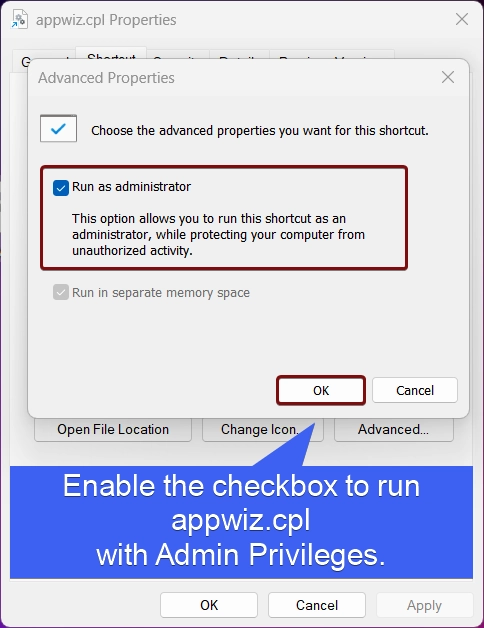 Click the checkbox to run this app with Administrative Privileges