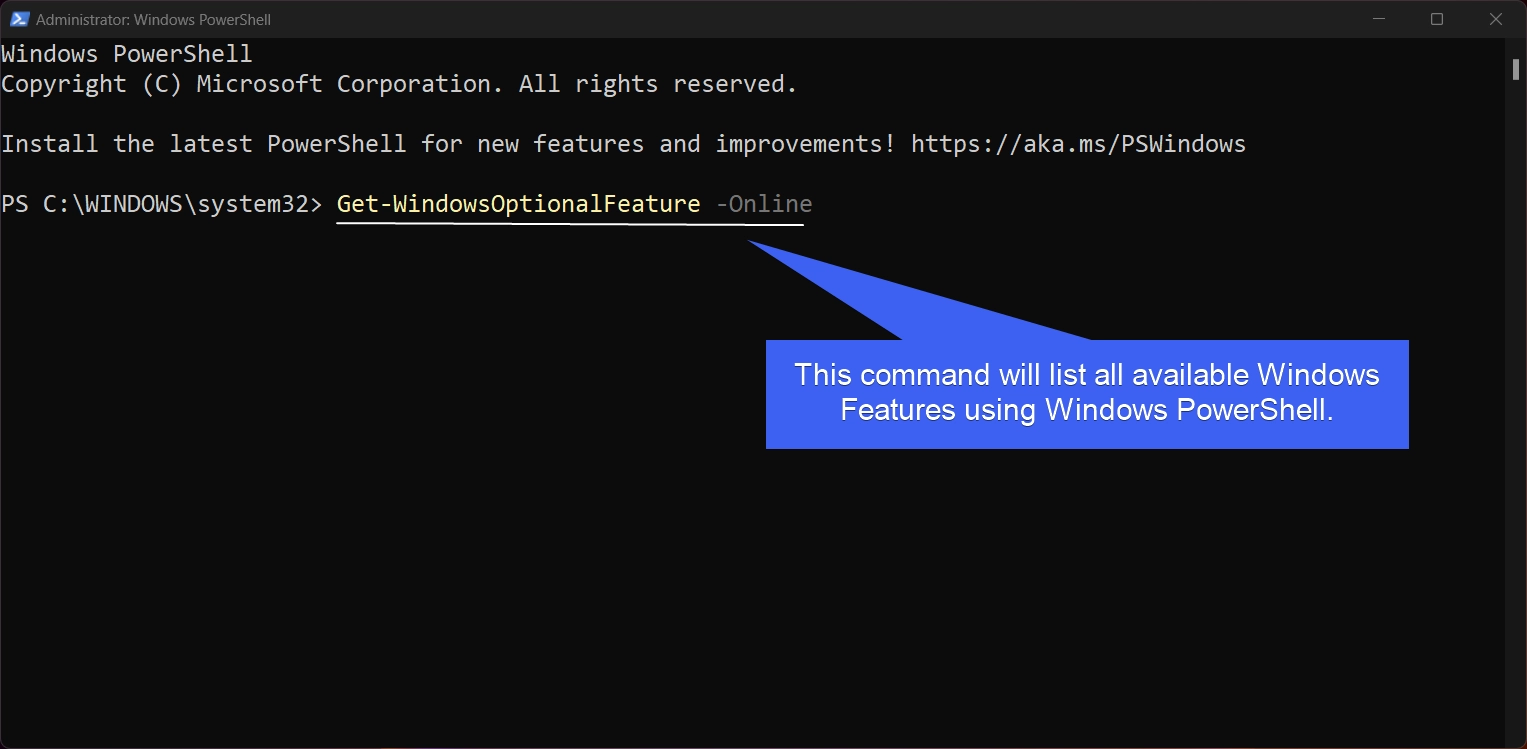 Command to list Windows Features using PowerShell