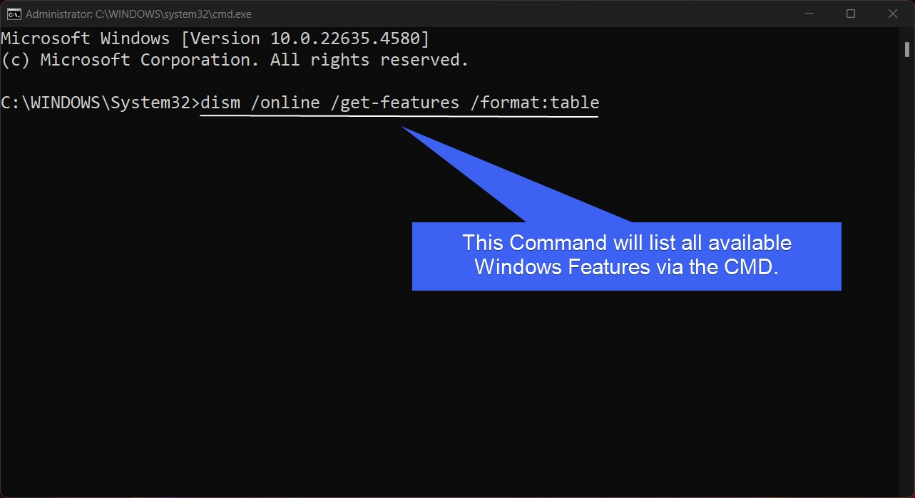 Command to list all available Windows Features using the CMD