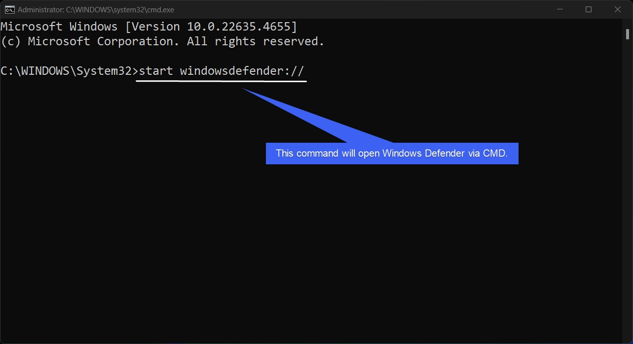 Command to open Windows Defender using Elevated CMD