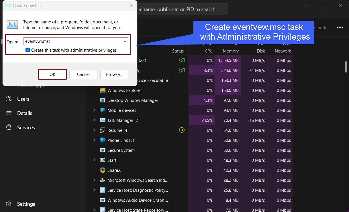 Create Event Viewer Task to Run with Administrative Privileges