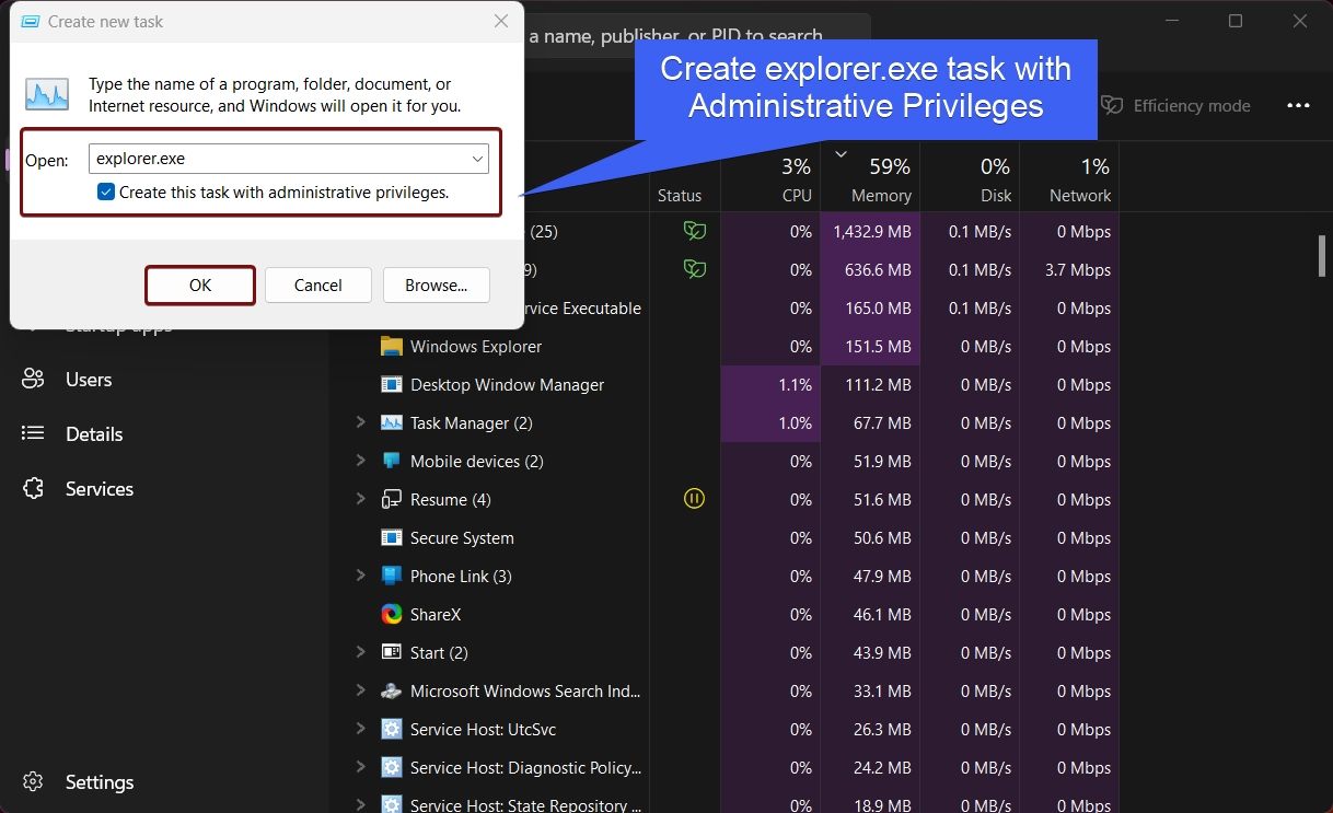 Create New Task for running explorer.exe with Administrative Privileges