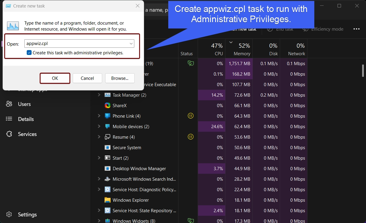 Create New Task to run Appwiz.cpl with Admin Privileges