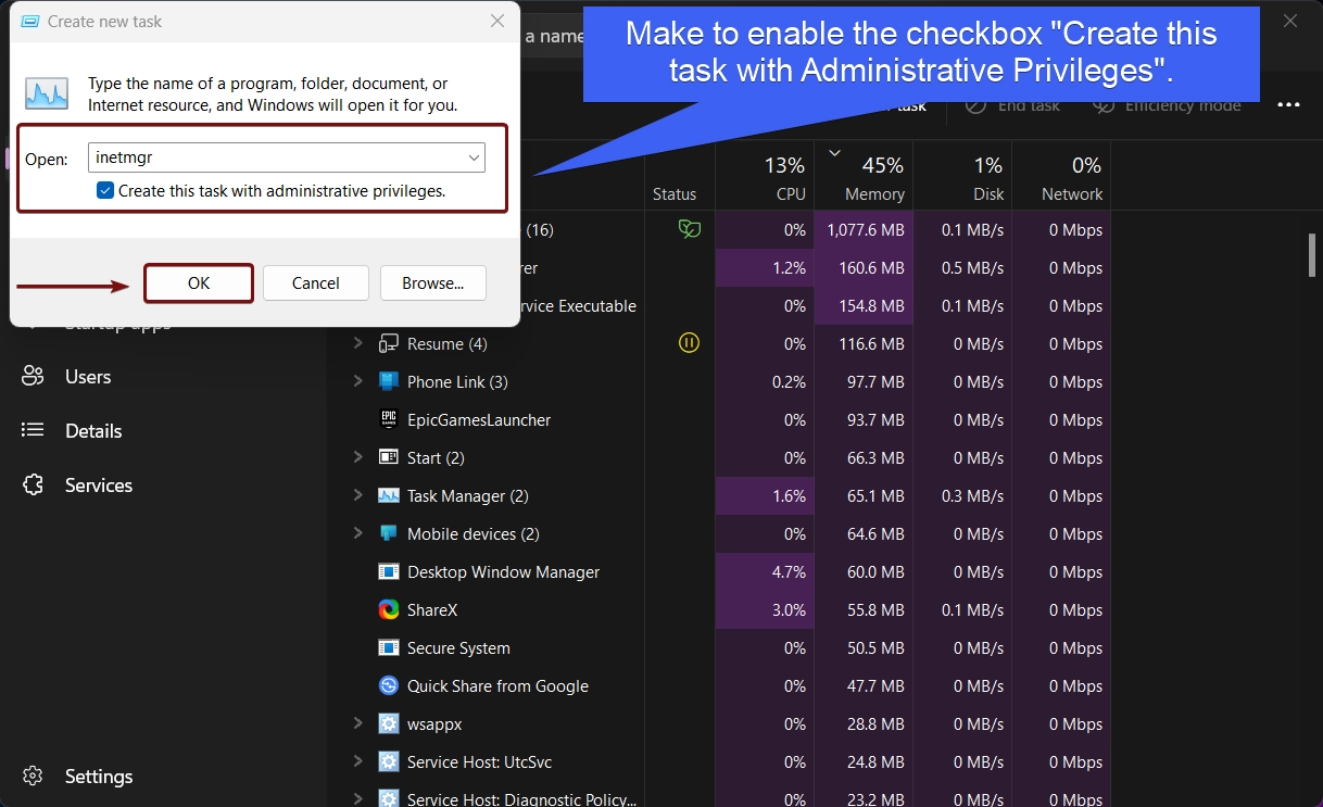 Create Task using the Task Manager to run IIS as Admin