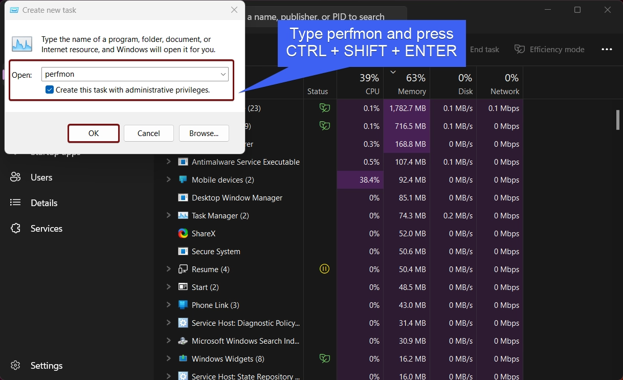 Create perfmon task with Administrative Privileges using the Task Manager