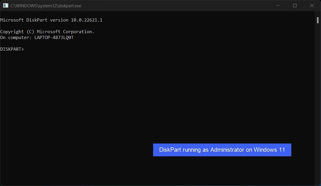 DiskPart running as Administrator on Windows 11