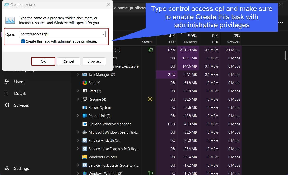 Enable Create control access.cpl task with Administrative Privileges