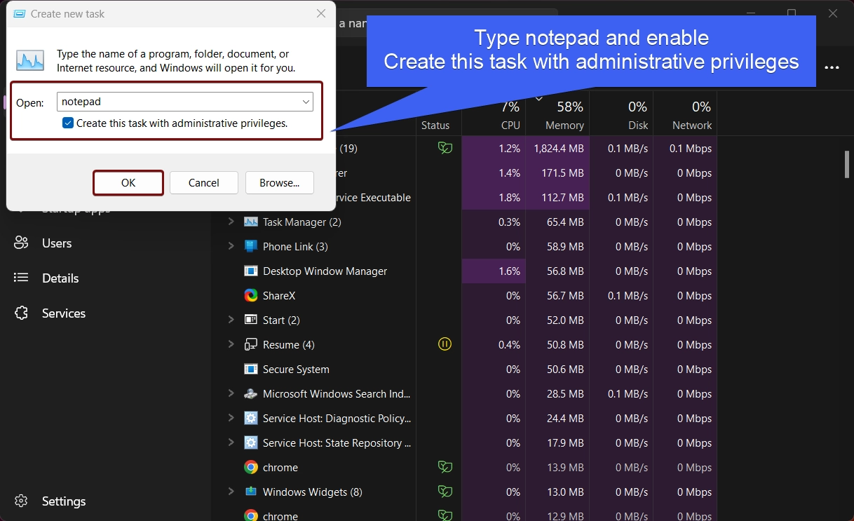 Enable Create this task with administrative privileges