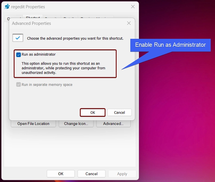 Enable Run as Administrator Checkbox