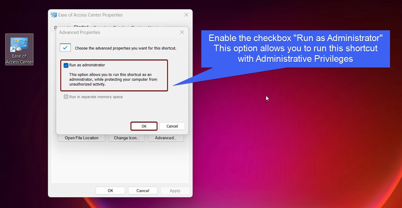 Enable Run as Administrator checkbox