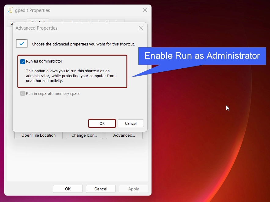 Enable Run as Administrator