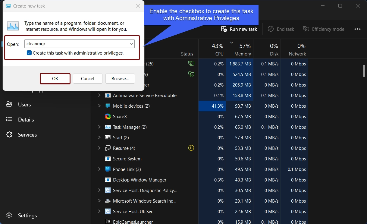 Enable the Checkbox to create this Task with Administrative Privileges