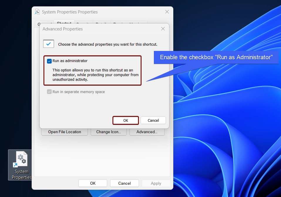 Enable the checkbox run as administrator