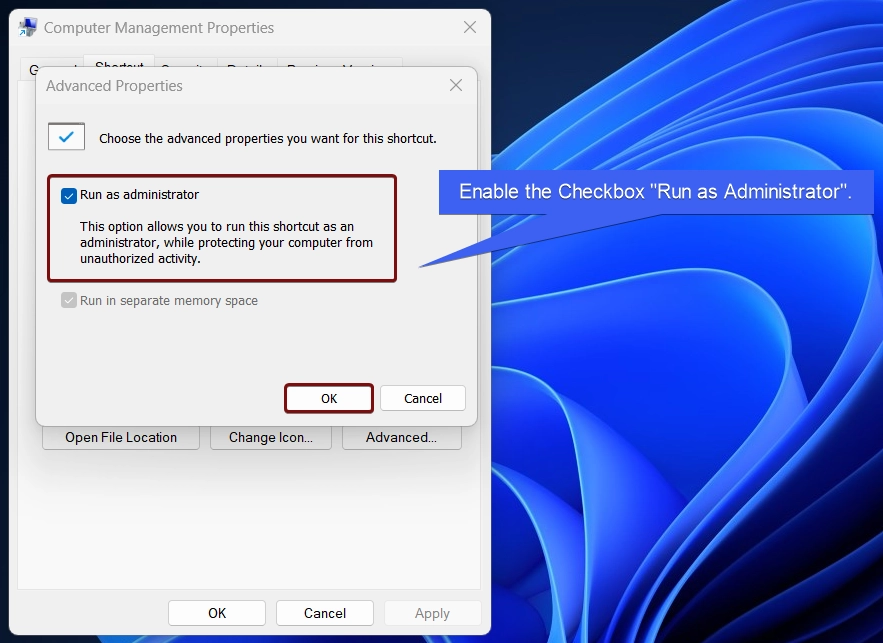 Enable the checkbox run as administrator