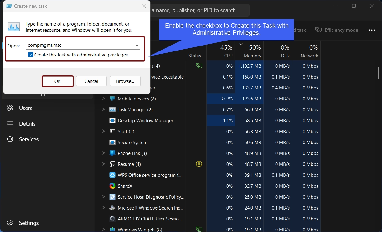 Enable the checkbox to create this task with Administrative Privileges