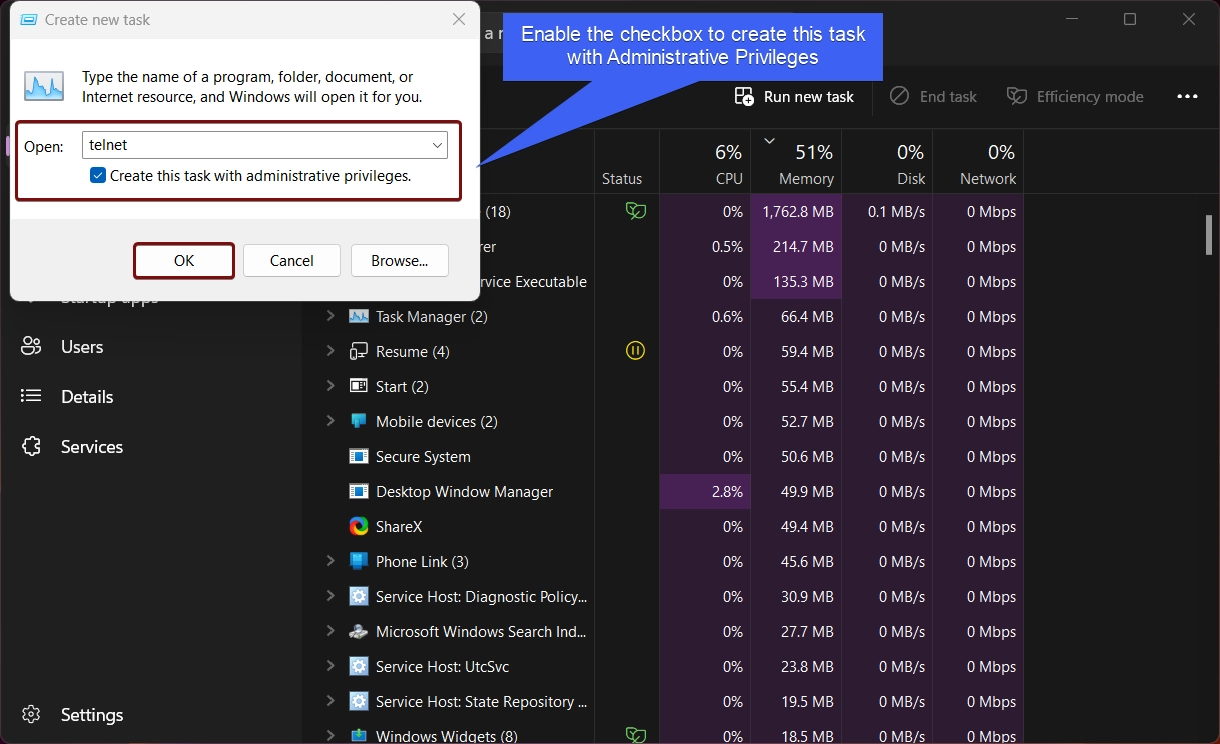 Enable the checkbox to create this task with Administrative Privileges