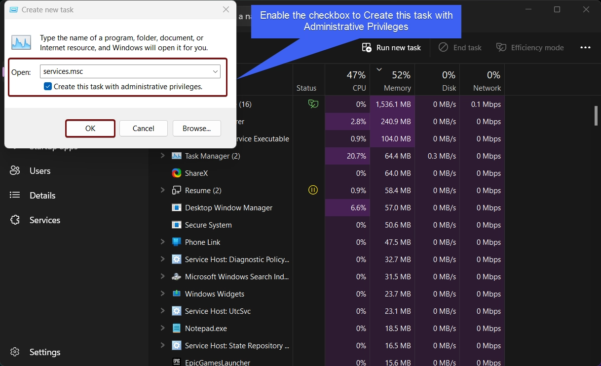 Enable the checkbox to run this task with Administrative Privileges