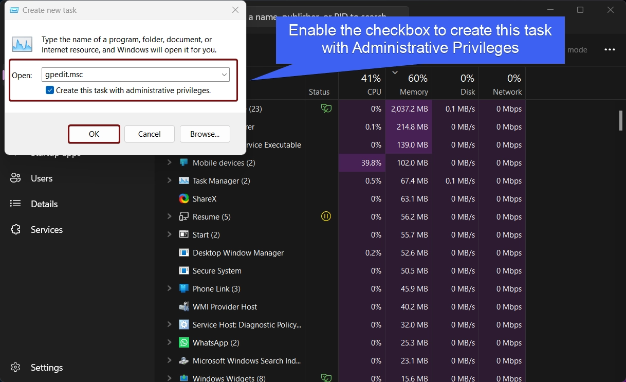 Enable the checkbox to run this task with Administrative Privileges