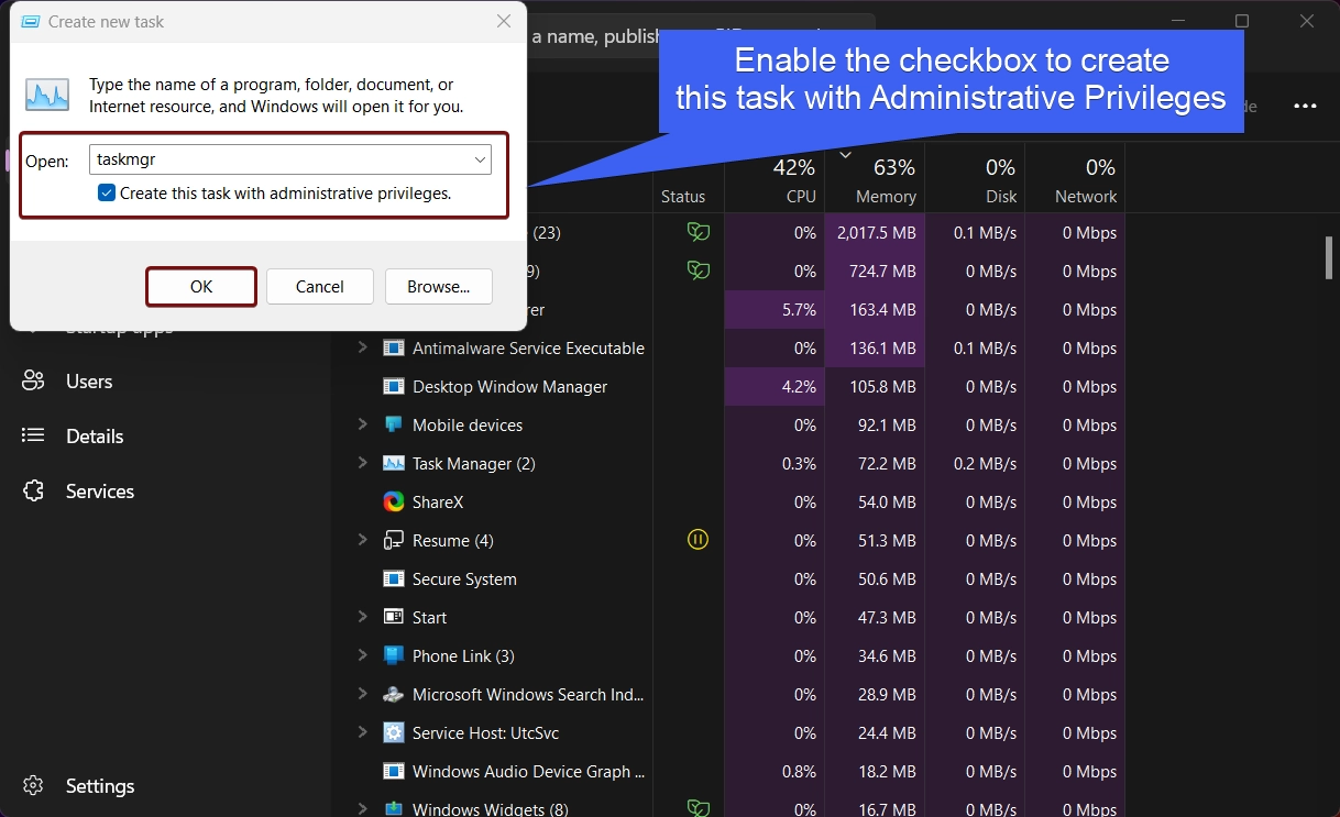 Enable the checkbox to start this task with Administrative Privileges