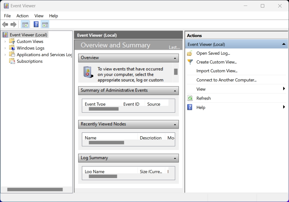Event Viewer running as Administrator on Windows 11
