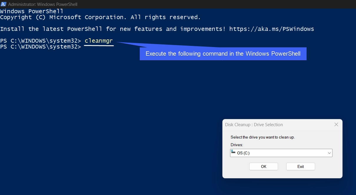 Execute the command cleanmgr in the Windows PowerShell