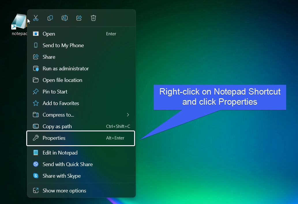 Notepad Shortcut Properties