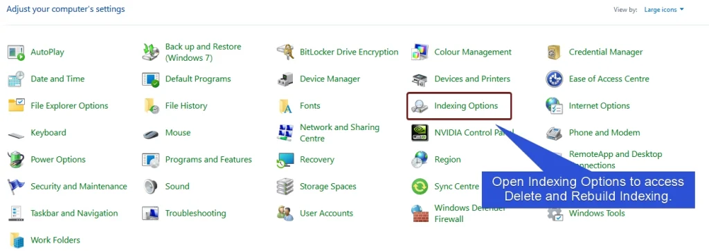 Open Indexing Options via the Control Panel