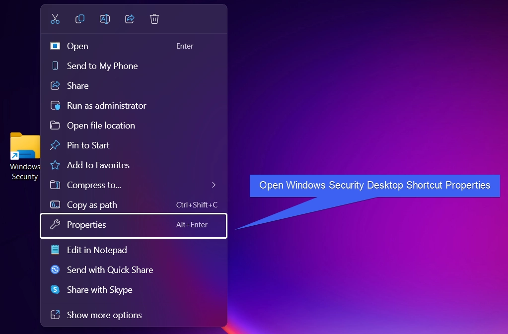 Open Windows Security Desktop Shortcut Properties