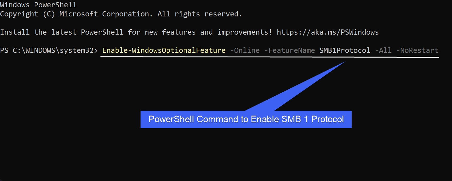 PowerShell Command to Enable SMB 1