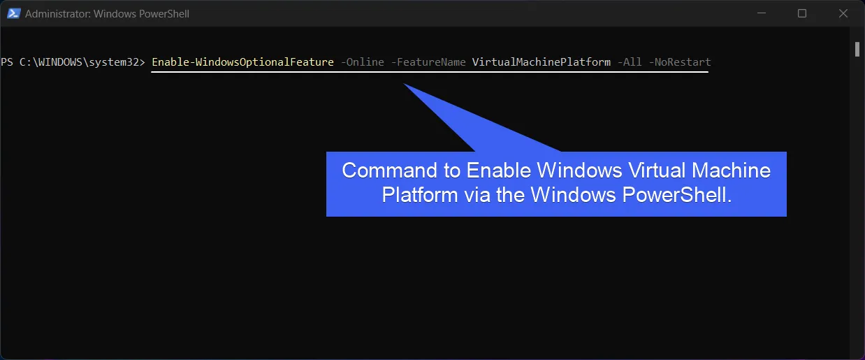 PowerShell command to enable Windows Virtual Machine Platform