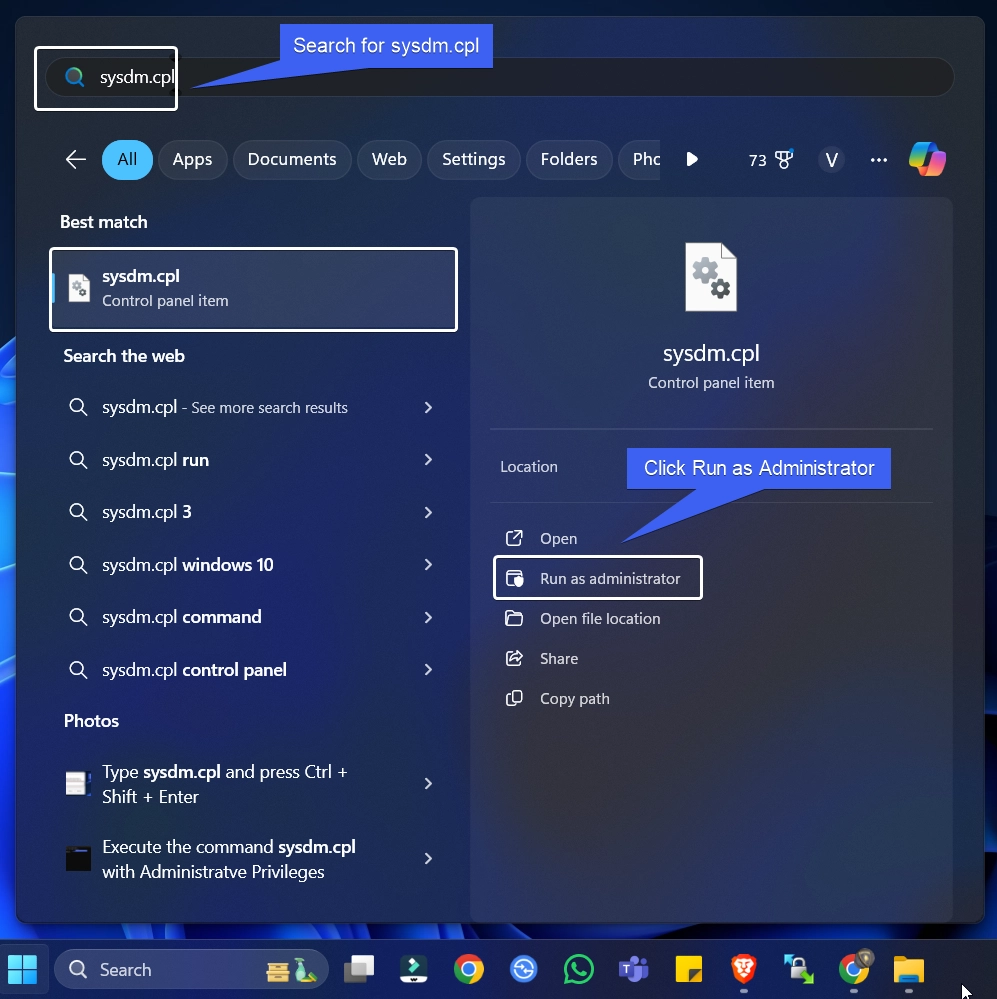 Search for sysdm.cpl