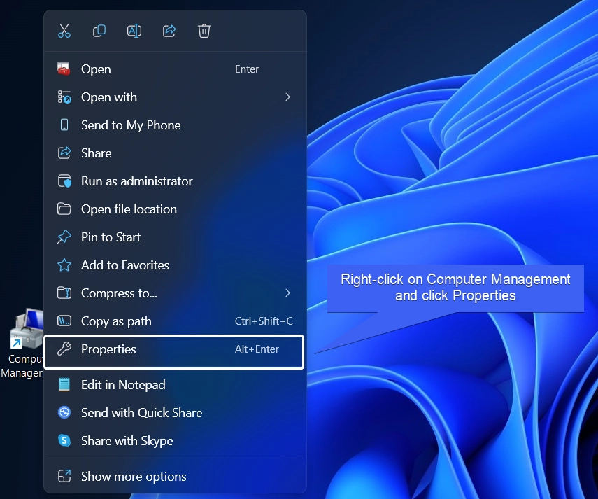 Right-click on Computer Management and Click on Properties