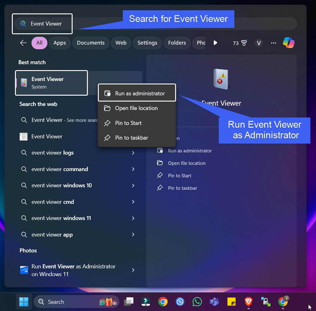 Run Event Viewer with Administrative Privileges using the Start menu