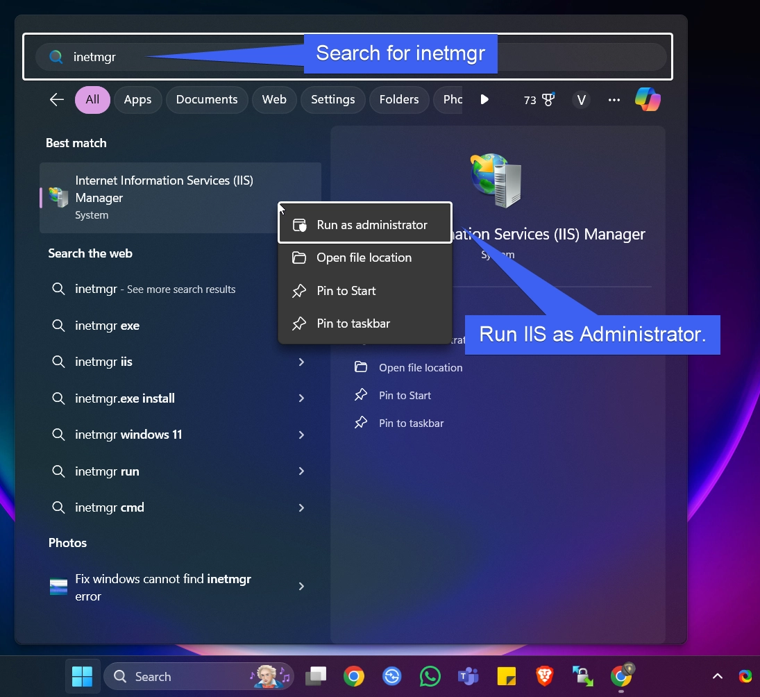 Run IIS as Admin using the Start menu