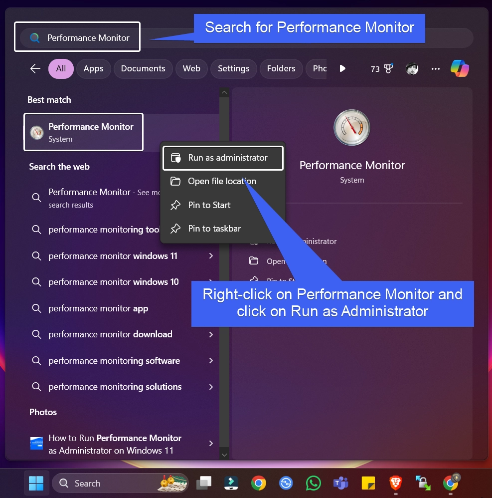 Run Performance Monitor as Admin using the Start menu