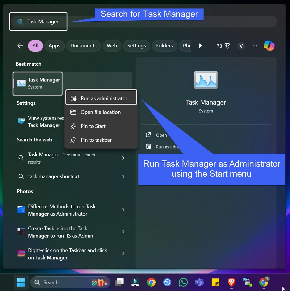 Run Task Manager as Admin using the Start menu