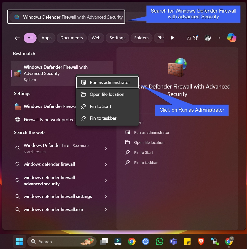 Run Windows Defender Firewall with Advanced Security as Administrator using the Start menu