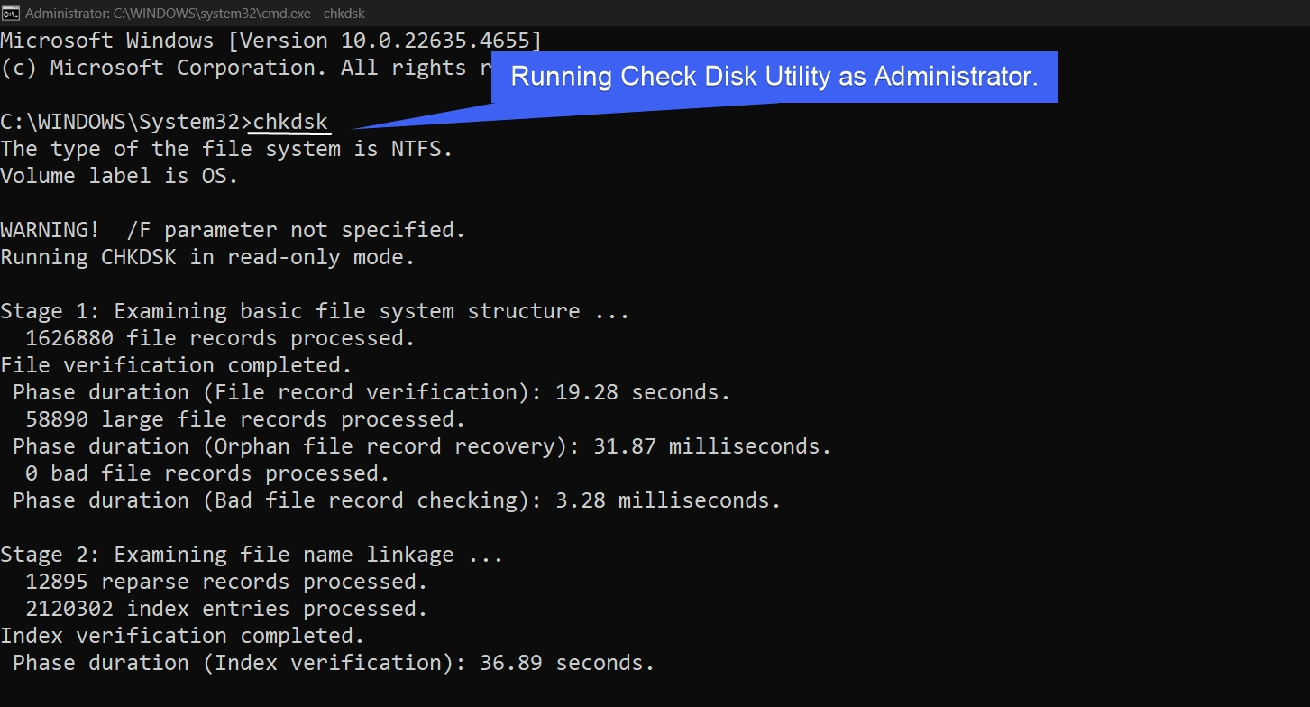 Running chkdsk as Administrator