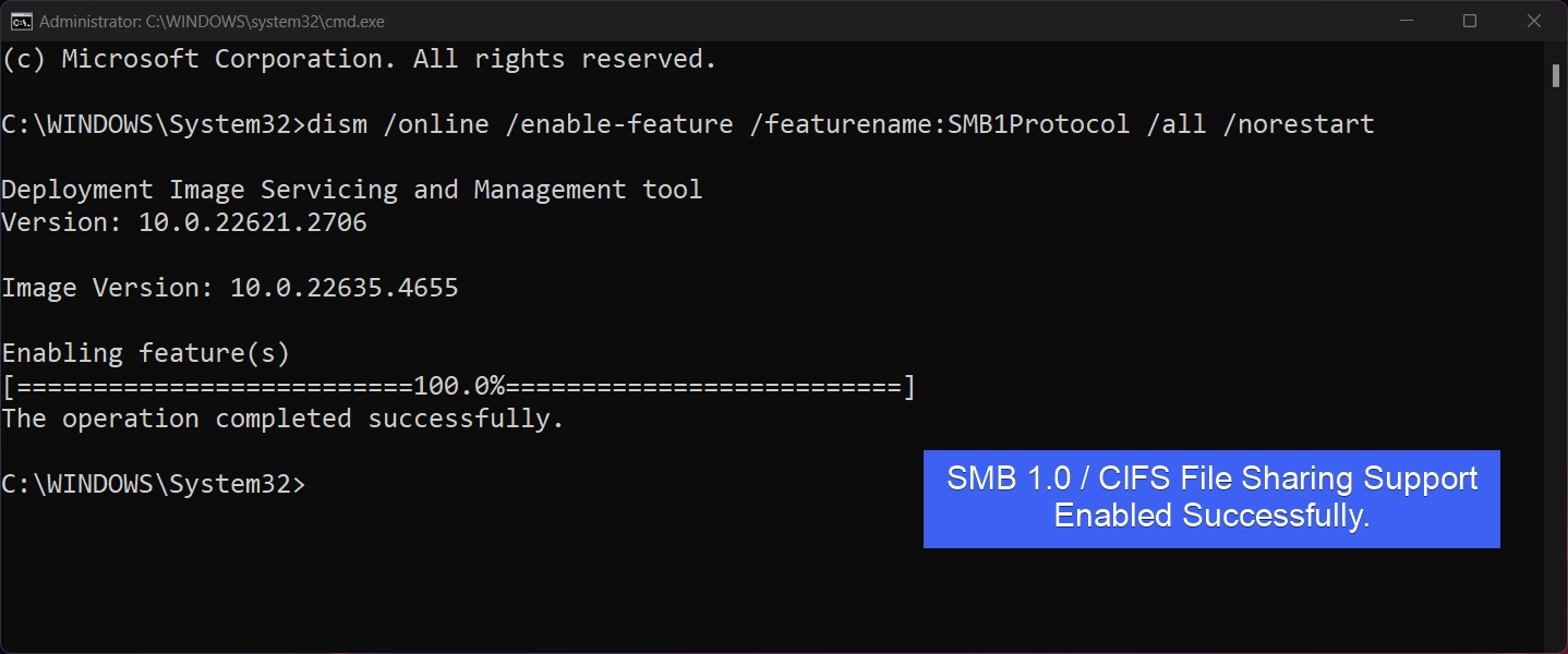 SMB 1 enabled Successfully