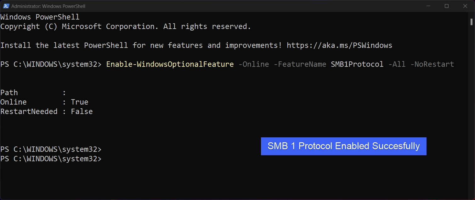 SMB Protocol Enabled Successfully