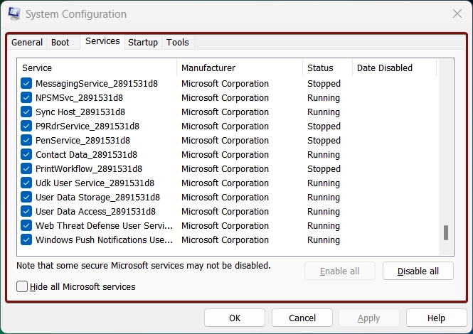 Services Tab - System Configuration