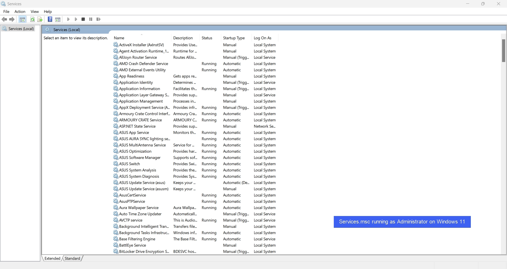 Services.msc running as Admin on Windows 11