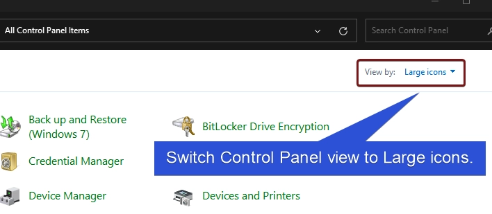 Switch Control Panel view to Large icons