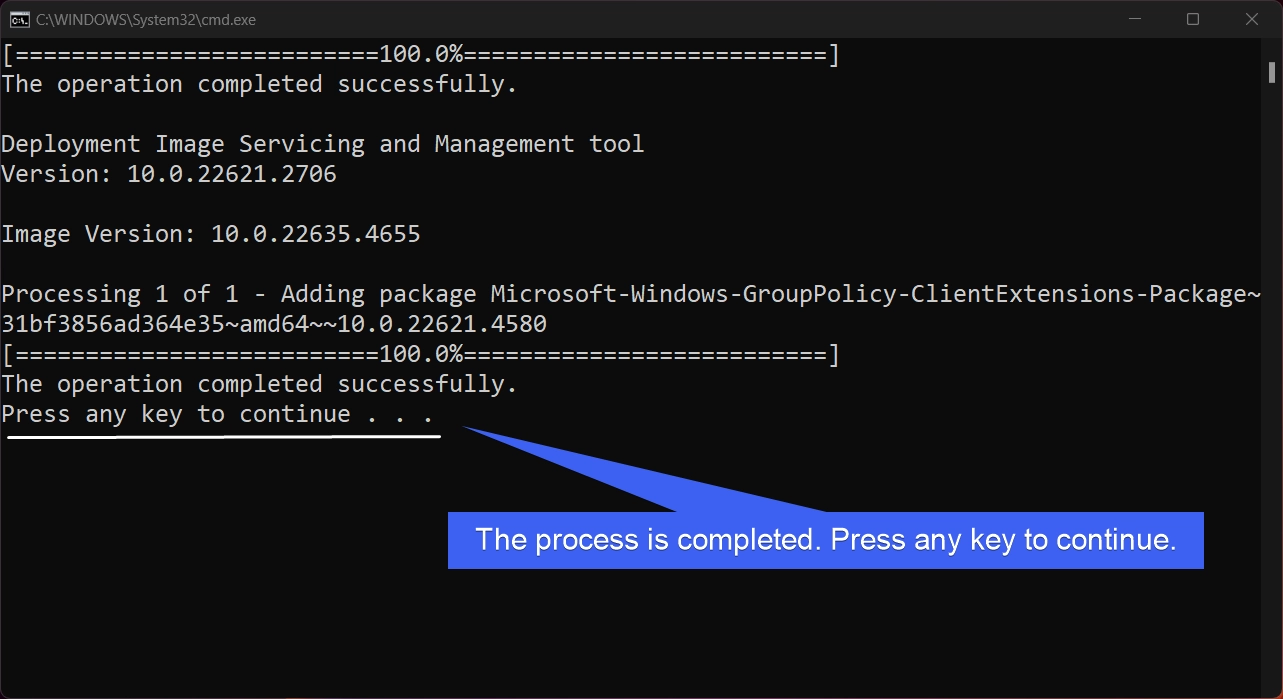 The process is completed. Press any key to continue