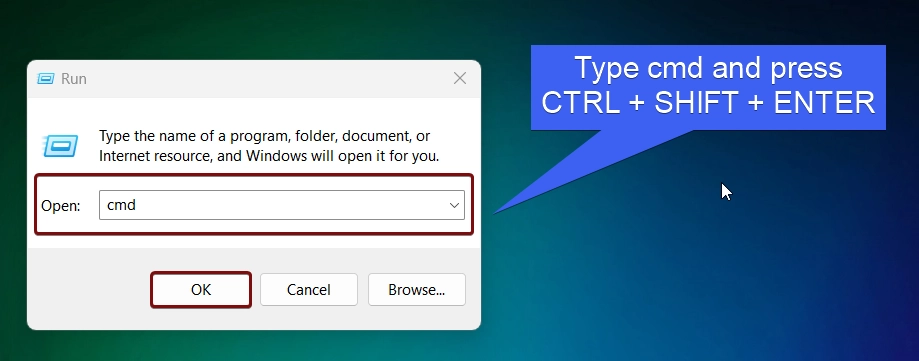 Type cmd and press CTRL + SHIFT + ENTER