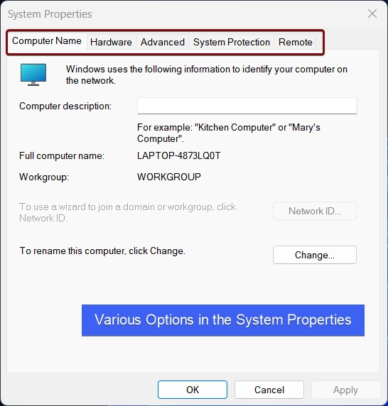 Various Options in the System Properties