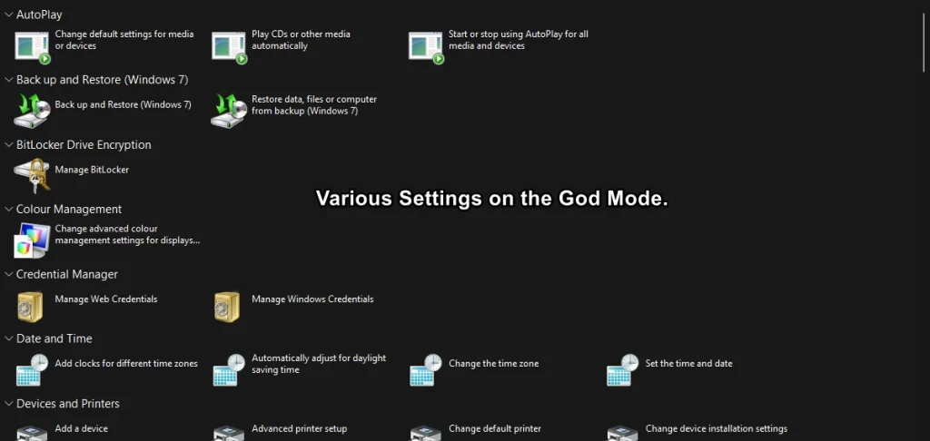 Various Settings on God Mode