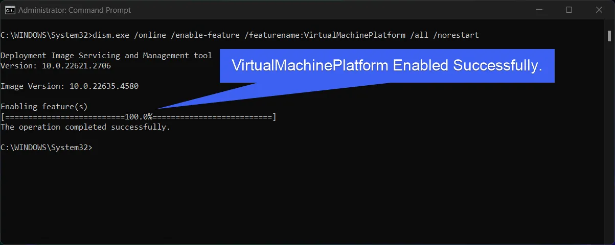 Virtual Machine Platform Enabled Successfully